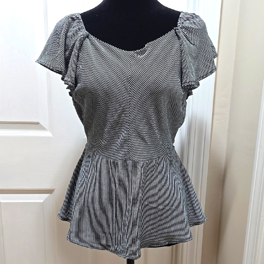 EUC Black And White Stripes Peplum Blouse With Flutter Sleeves